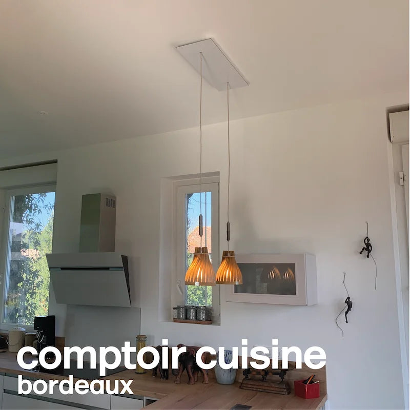 luminaire cuisine : suspension sur-mesure avec 2 volupte S au-dessus îlot